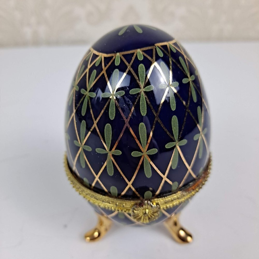 Vintage Blue, Green and Gold Ceramic/Porcelain Egg Trinket Box